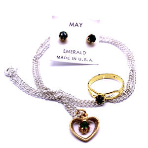 May Birthstone Necklace Ring Earring Set Faux Emerald A3